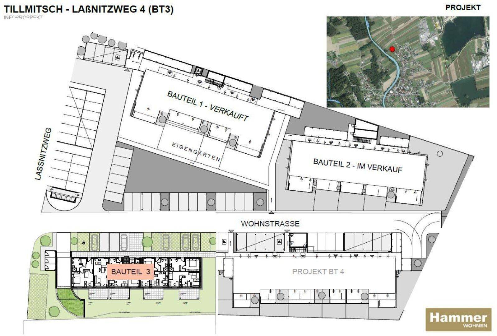 Übersichtsplan des Neubauprojekts mit mehreren Gebäudeteilen, Parkplätzen und Grünflächen.