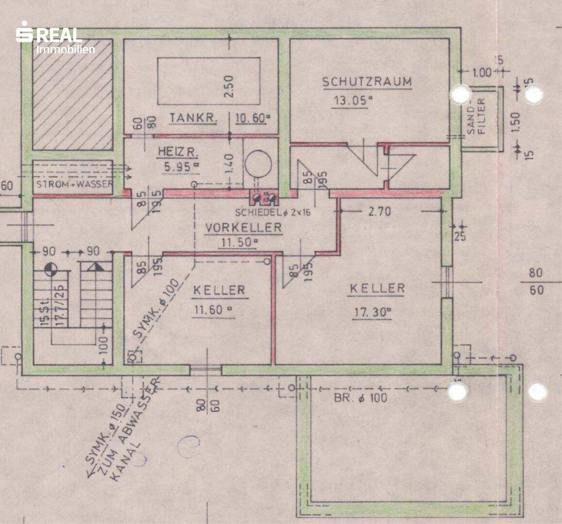 Grundriss des Kellergeschosses mit Heizraum, Tankraum und mehreren Kellerräumen.