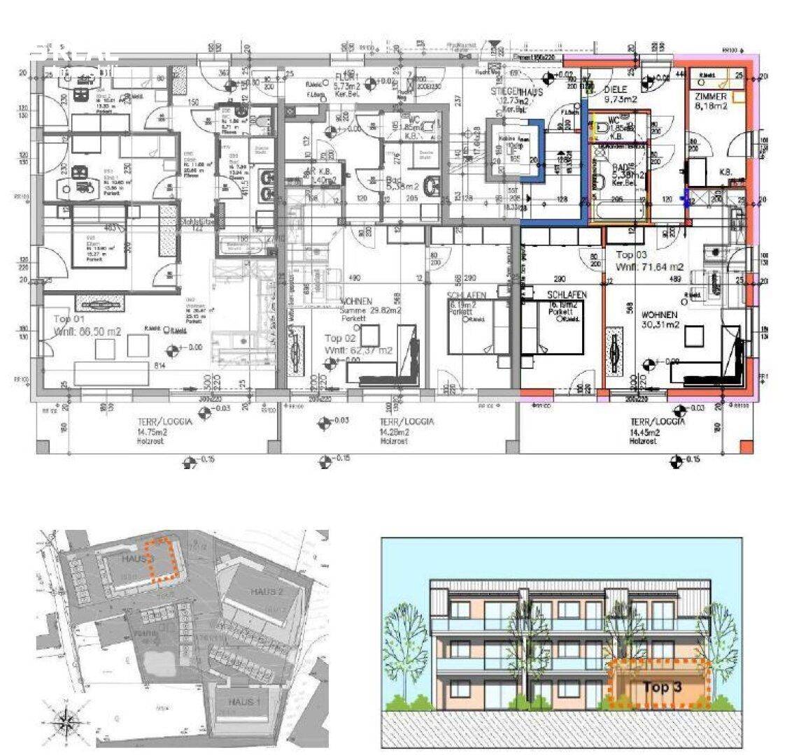 Grundrissplan mit drei Wohnungen, jeweils mit offenem Wohnbereich und Terrasse/Loggia, ergänzt durch Lageplan und Gebäudevisualisierung.