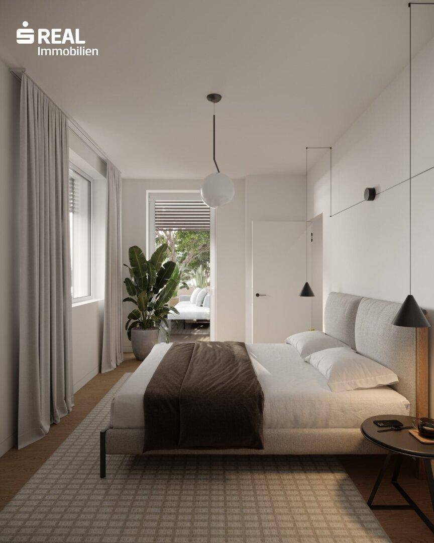 Modernes Schlafzimmer mit Doppelbett, minimalistischer Einrichtung und Zugang zum Außenbereich.