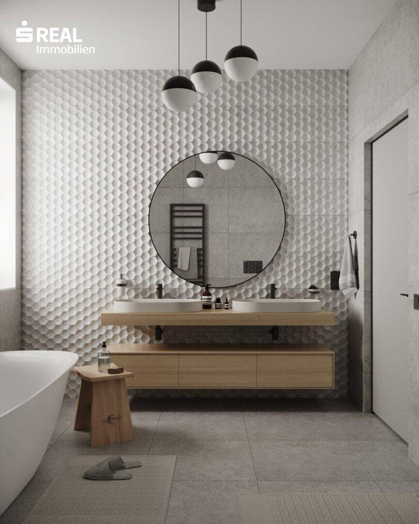 Modernes Badezimmer mit Doppelwaschbecken, freistehender Badewanne und strukturierten Wandfliesen.