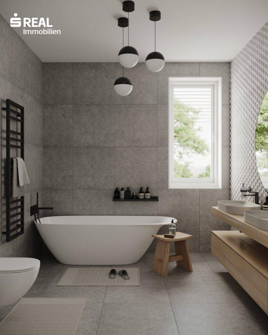 Elegantes Badezimmer mit freistehender Badewanne, Doppelwaschbecken und großem Fenster.