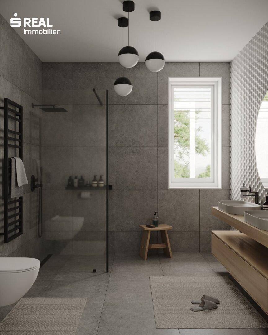 Modernes Badezimmer mit begehbarer Dusche, freistehender Badewanne und Doppelwaschbecken.