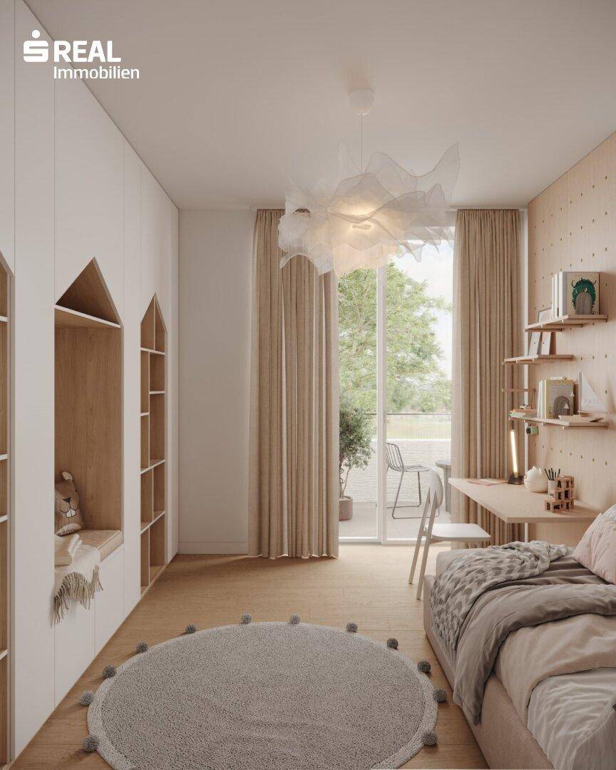 Kinderzimmer mit kreativen Einbauschränken, Schreibtisch und Zugang zu einem Balkon oder Terrasse.