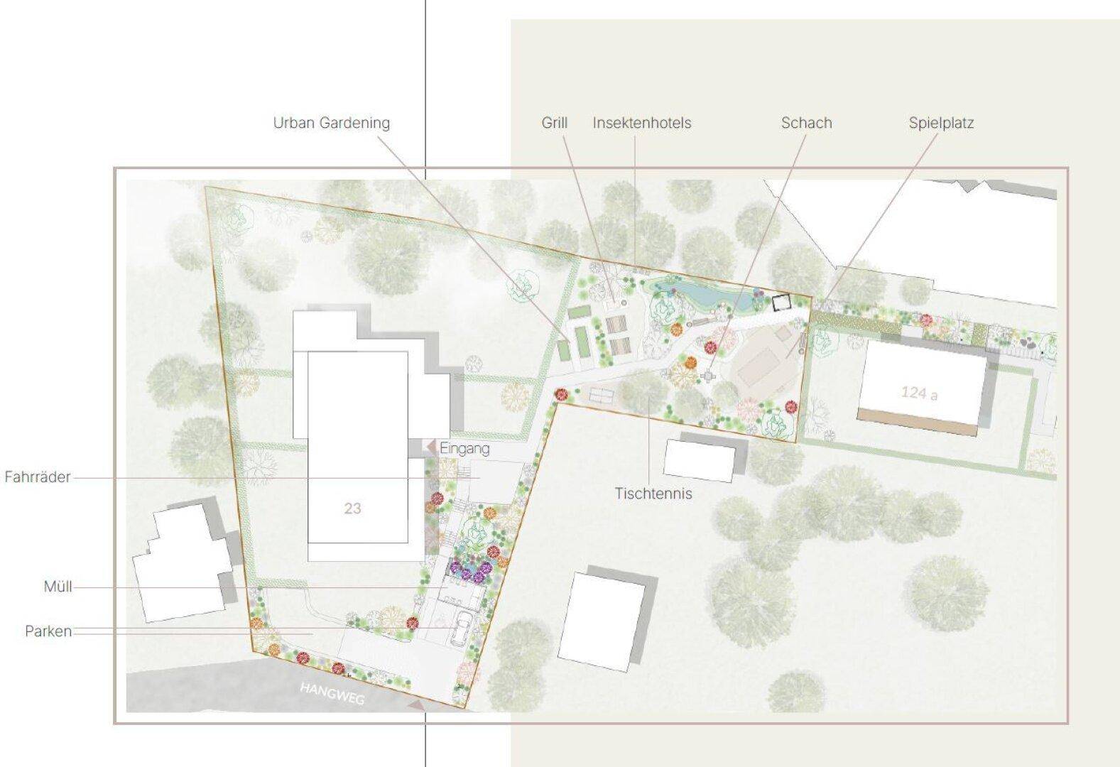 Lageplan der Wohnanlage mit Außenbereichen wie Urban Gardening, Grillplatz und Spielplatz.