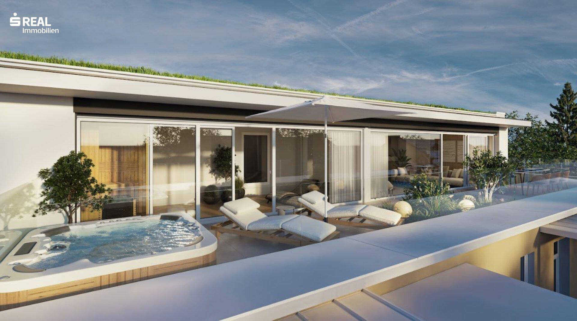 Großzügige Dachterrasse mit integriertem Whirlpool, Liegestühlen und weitem Blick.
