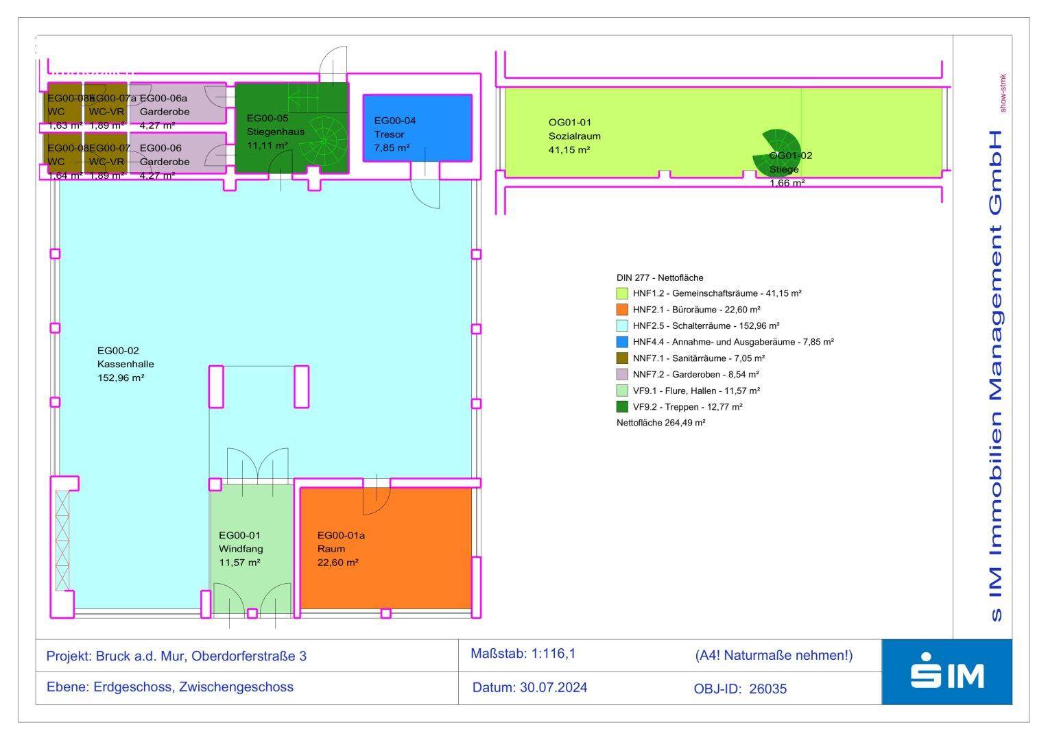 Detaillierter Grundriss des Erdgeschosses mit verschiedenen Nutzflächen und Sanitärbereichen.