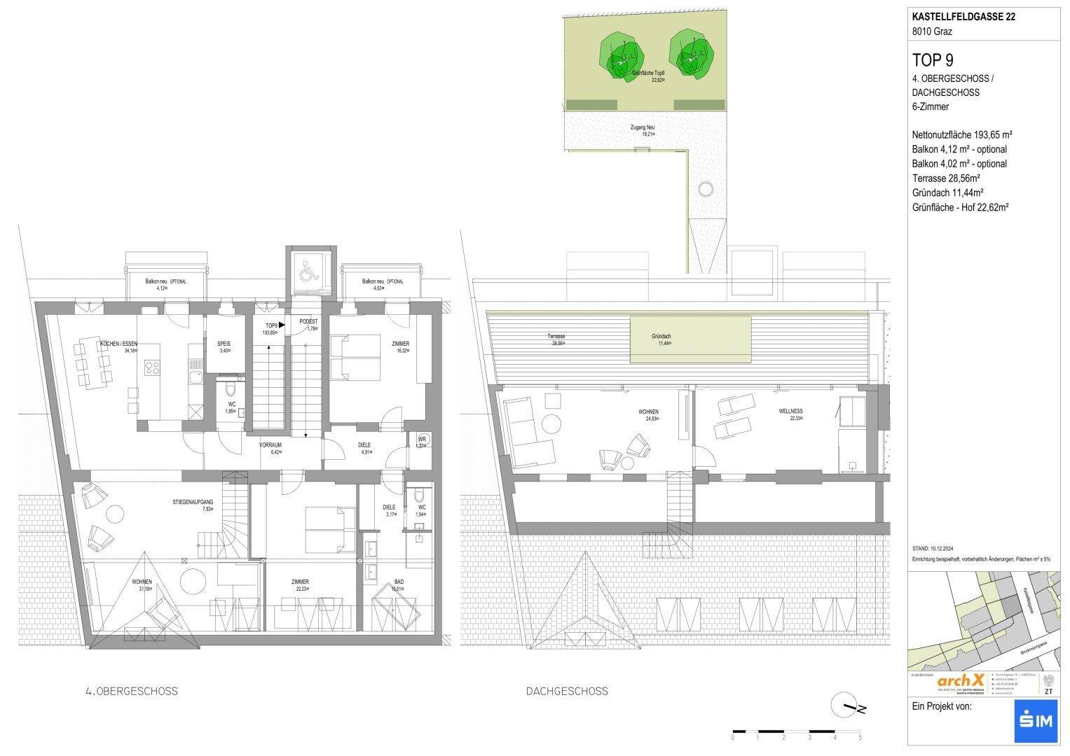 Grundriss einer luxuriösen Duplex-Wohnung über zwei Etagen mit Aufzug, mehreren Balkonen, großer Terrasse und Wellnessbereich.