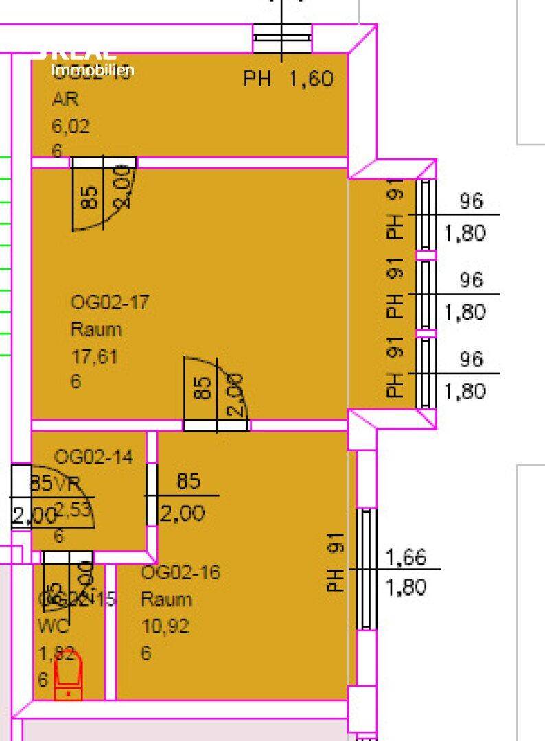 Grundrissplan zeigt mehrere Räume mit Abmessungen, Fensterpositionen und einem WC-Bereich.