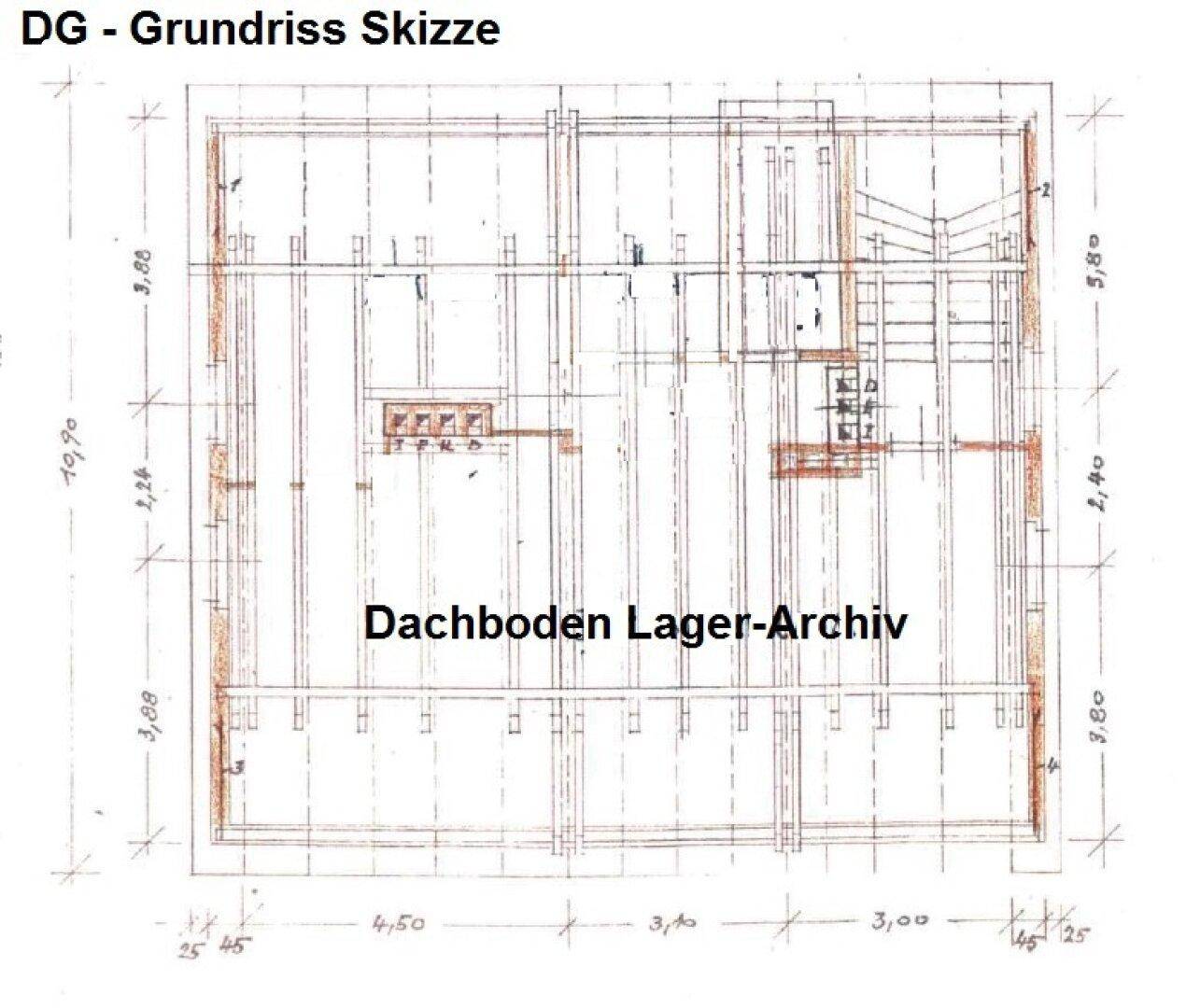 Grundriss-Skizze des Dachgeschosses, als Lager- und Archivbereich vorgesehen.