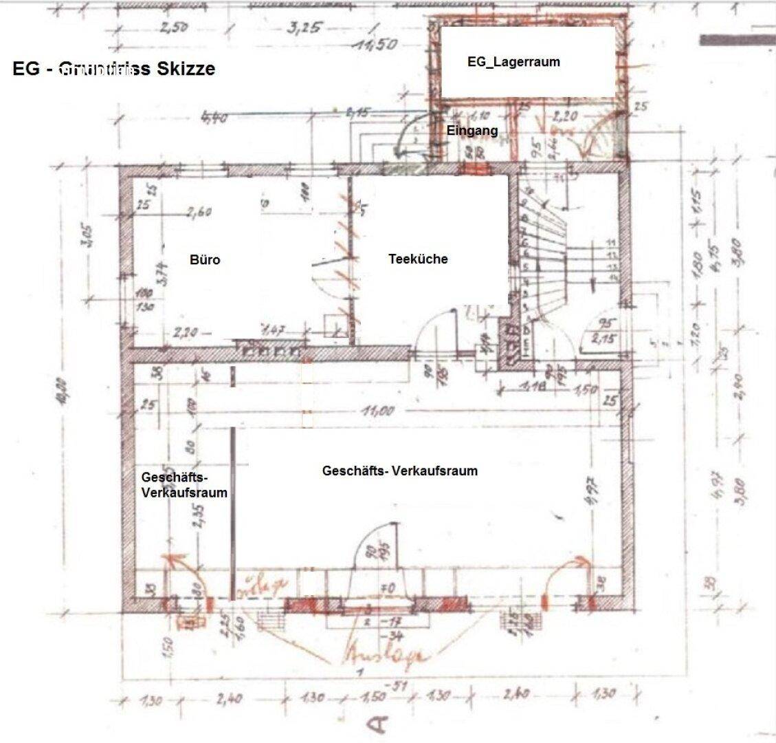 Grundriss-Skizze des Erdgeschosses mit Geschäfts-Verkaufsraum, Büro und Teeküche.