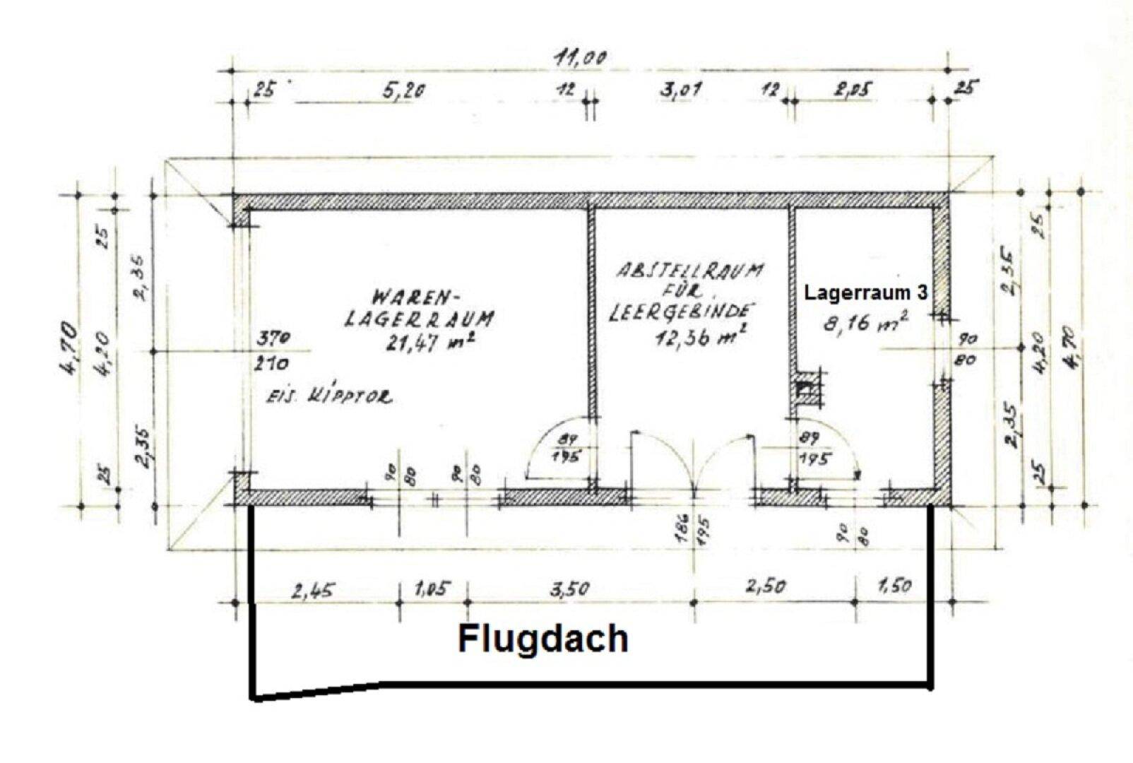 Grundrissplan zeigt Lager- und Abstellräume mit detaillierten Abmessungen und Flächenangaben.