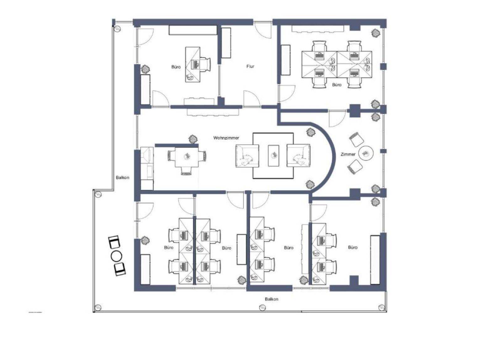 Grundriss einer Büroetage mit mehreren Büroräumen, einem Wohnzimmer und einem Balkon.