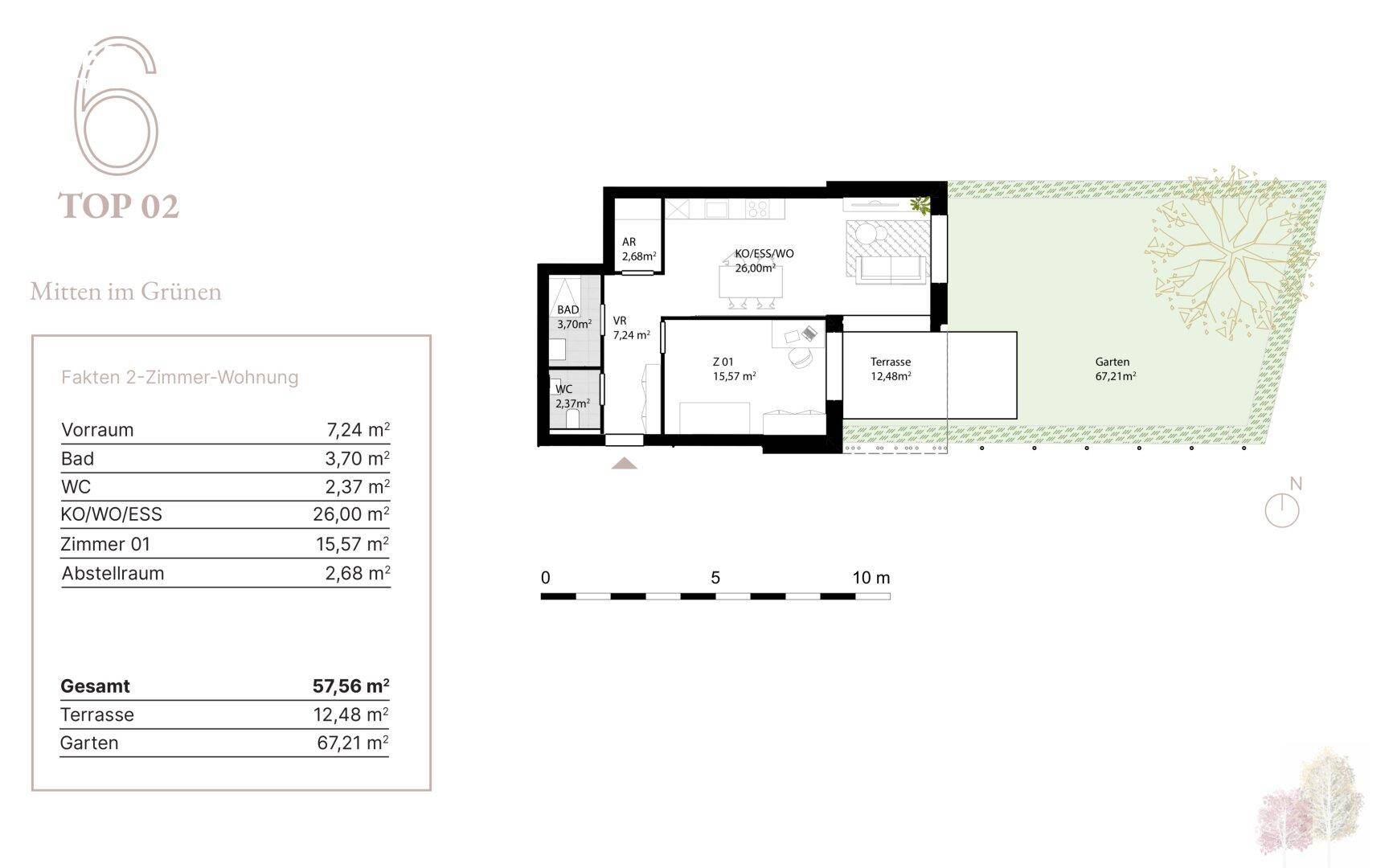 Grundriss einer 2-Zimmer-Wohnung mit offenem Wohnbereich, Terrasse und privatem Garten.