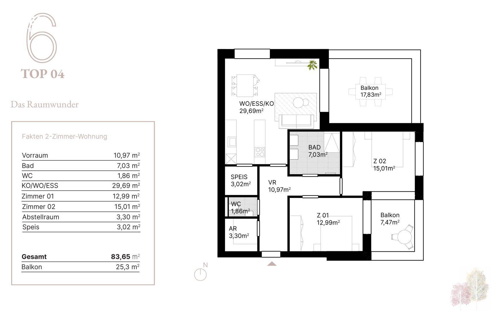 Grundriss einer 2-Zimmer-Wohnung mit offenem Wohnbereich, zwei Balkonen und separatem WC.