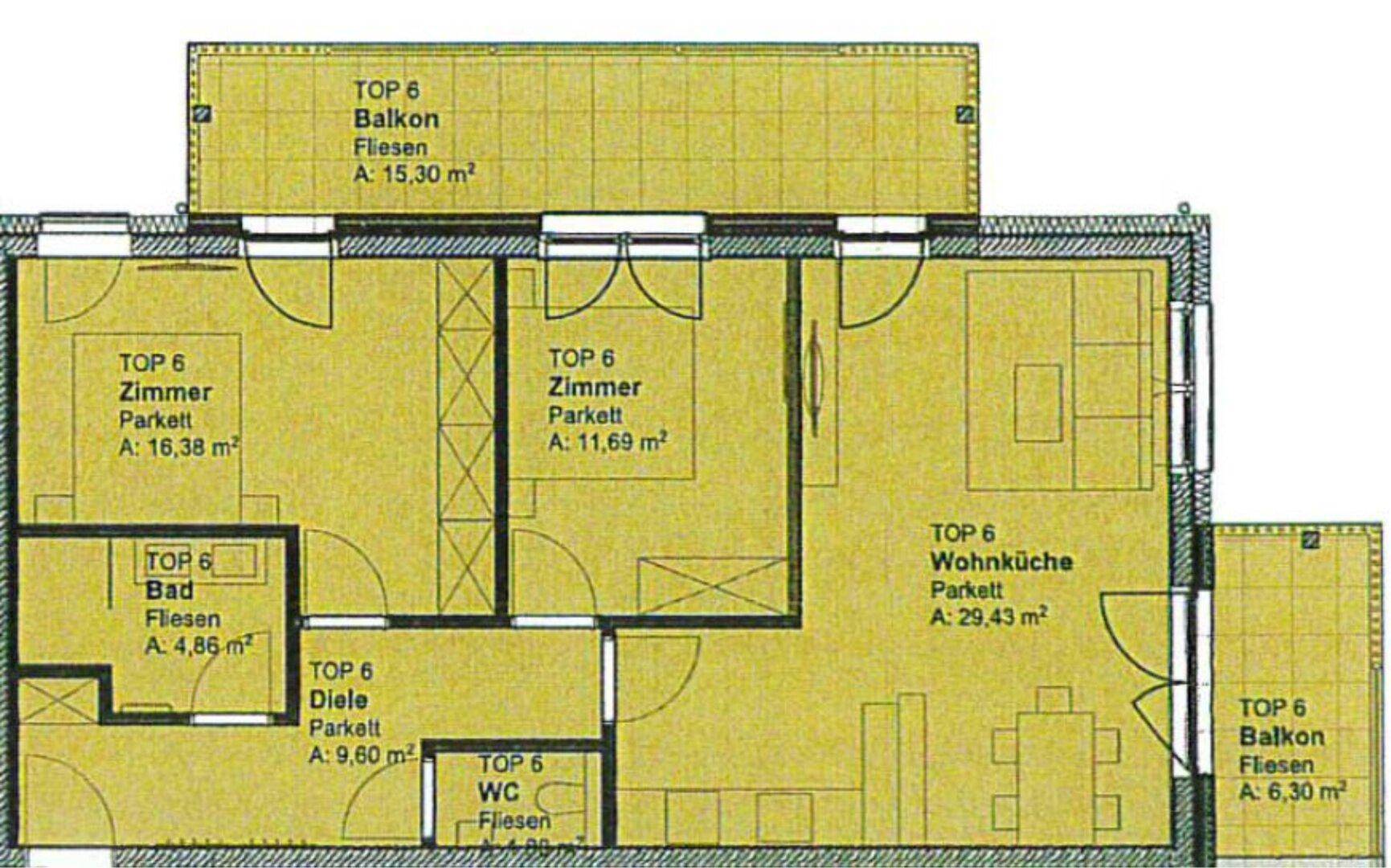Detaillierter Grundriss einer Wohnung mit zwei Balkonen und mehreren Zimmern.
