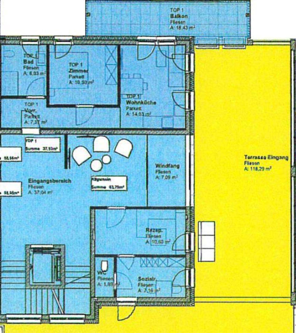 Grundriss zeigt die Aufteilung einer Wohneinheit mit Balkon, Terrasse und verschiedenen Räumen.