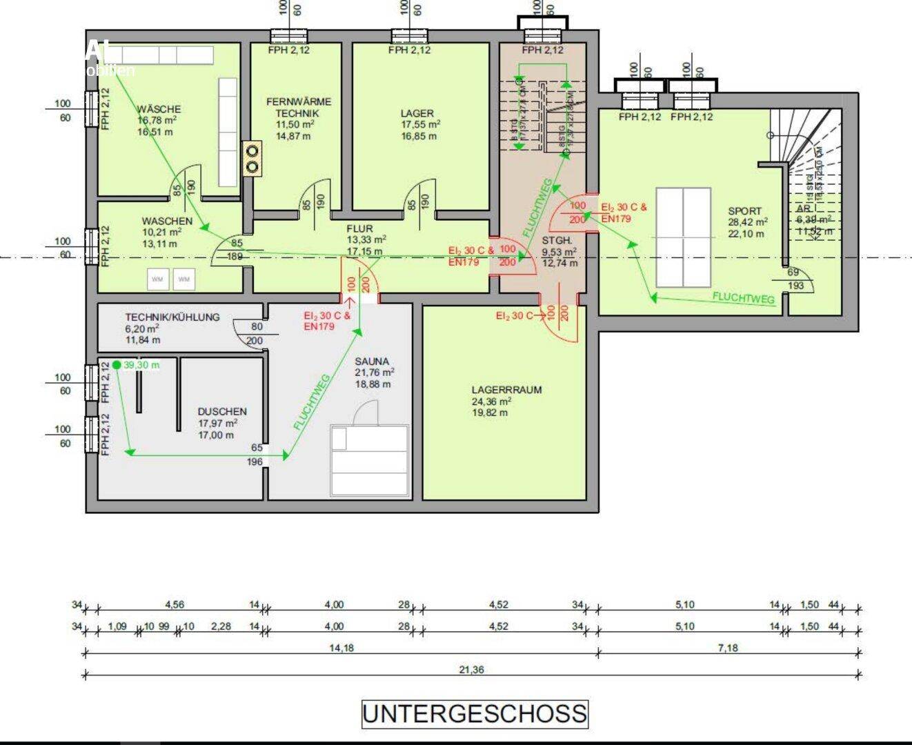 Grundriss des Untergeschosses mit Technikräumen, Sauna und Lagerflächen.