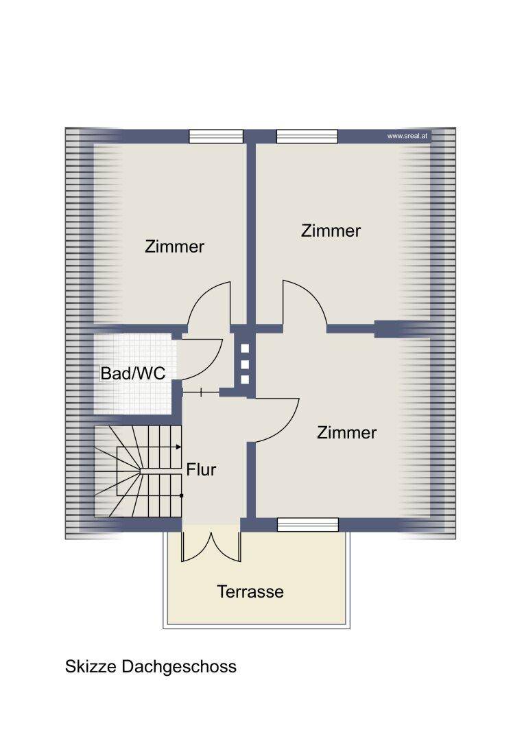Grundriss des Dachgeschosses mit drei Zimmern, Bad/WC und Terrasse.