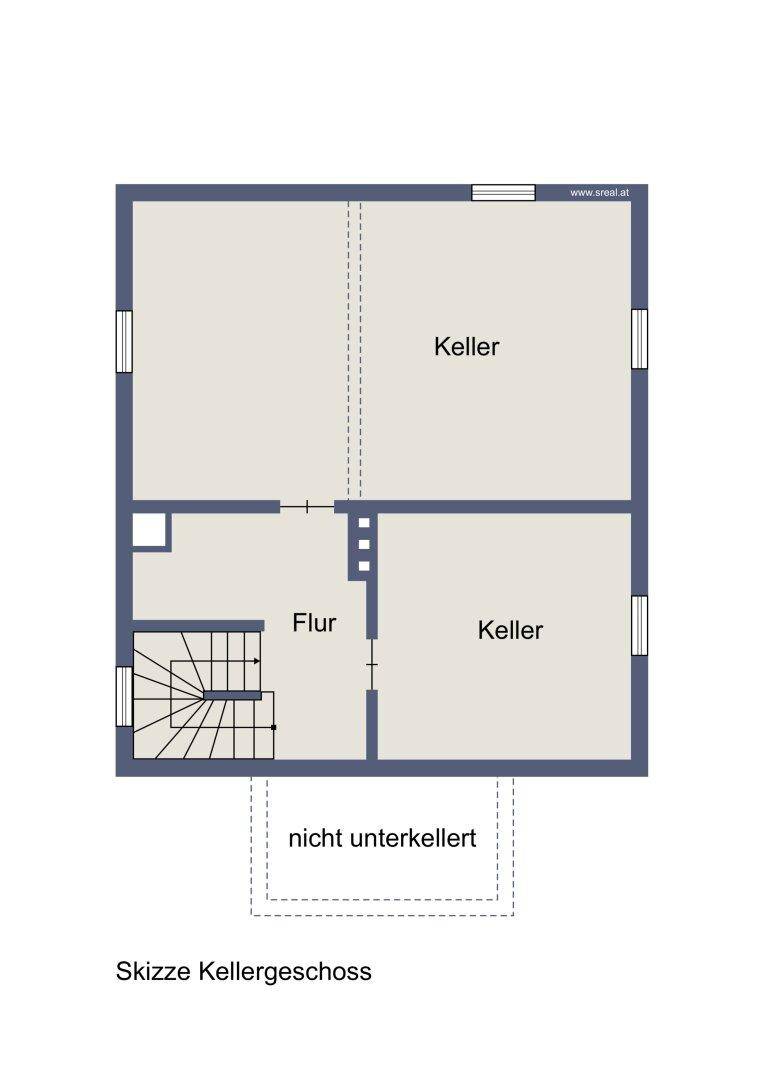 Grundriss des Kellergeschosses mit zwei Kellerräumen und Treppenaufgang.