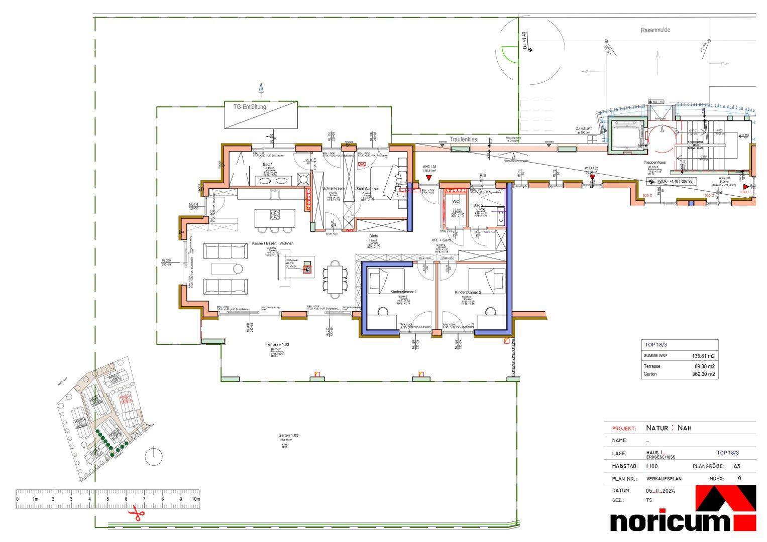 Detaillierter Grundriss der Wohneinheit mit offenem Wohnbereich, Terrasse und Garten.