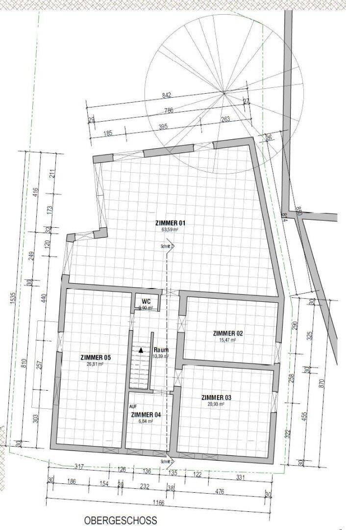 Grundriss des Obergeschosses mit drei Zimmern, einem WC und Balkonzugang.