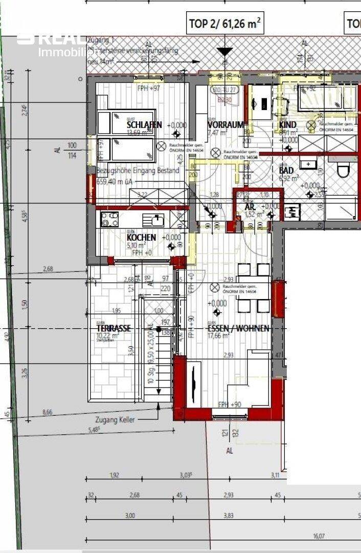 Grundriss der Wohnung TOP 2 mit offenem Wohn-Essbereich, separater Küche, zwei Schlafzimmern und Terrasse.