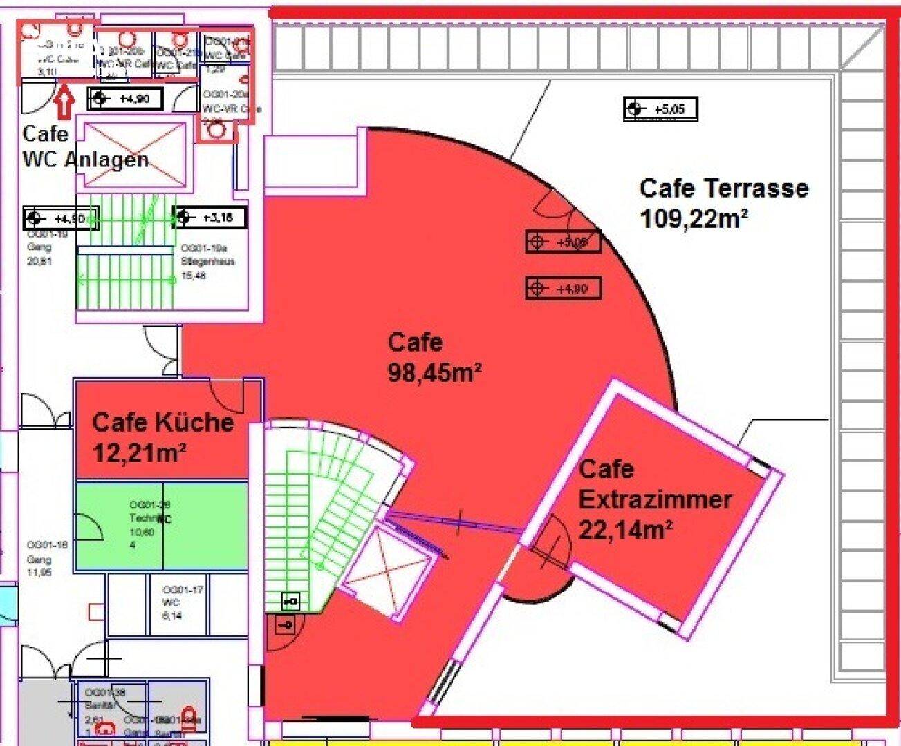 Grundrissplan eines Cafés mit großzügiger Terrasse, Küche und separaten WC-Anlagen.