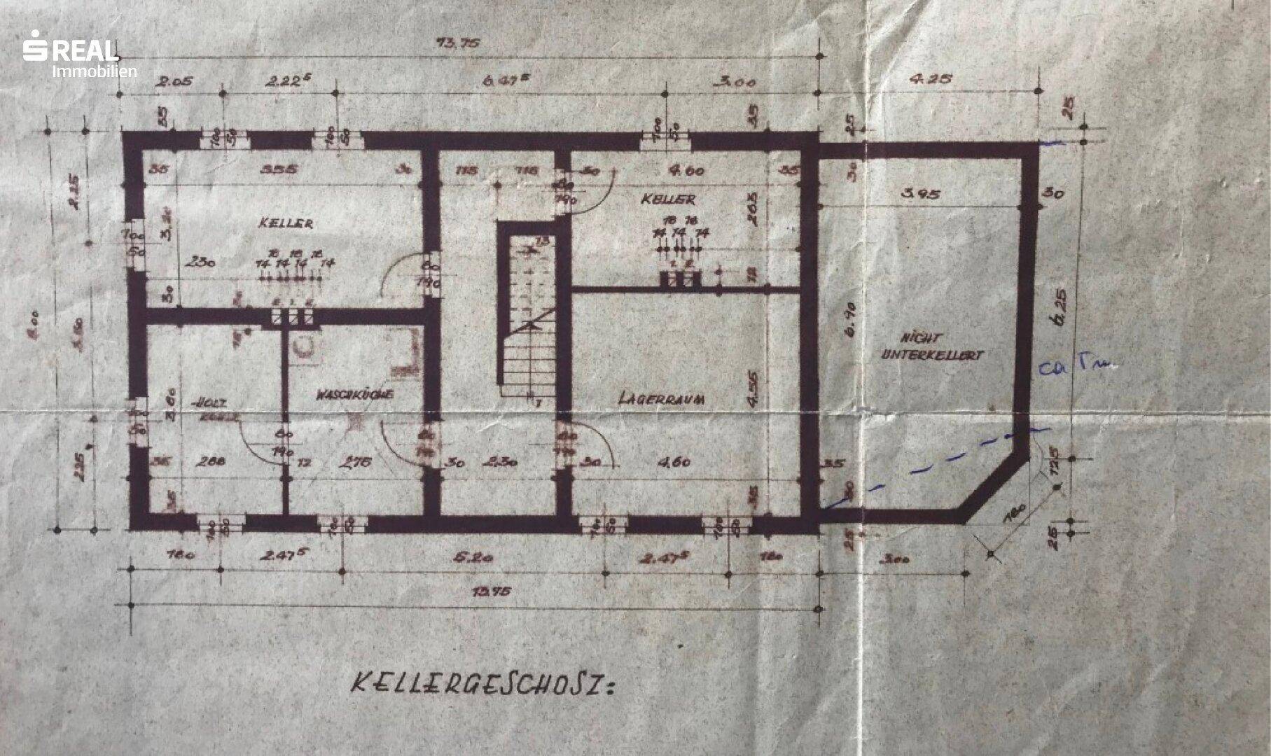 Historischer Grundriss des Kellergeschosses mit Kellerräumen und Lagerflächen.