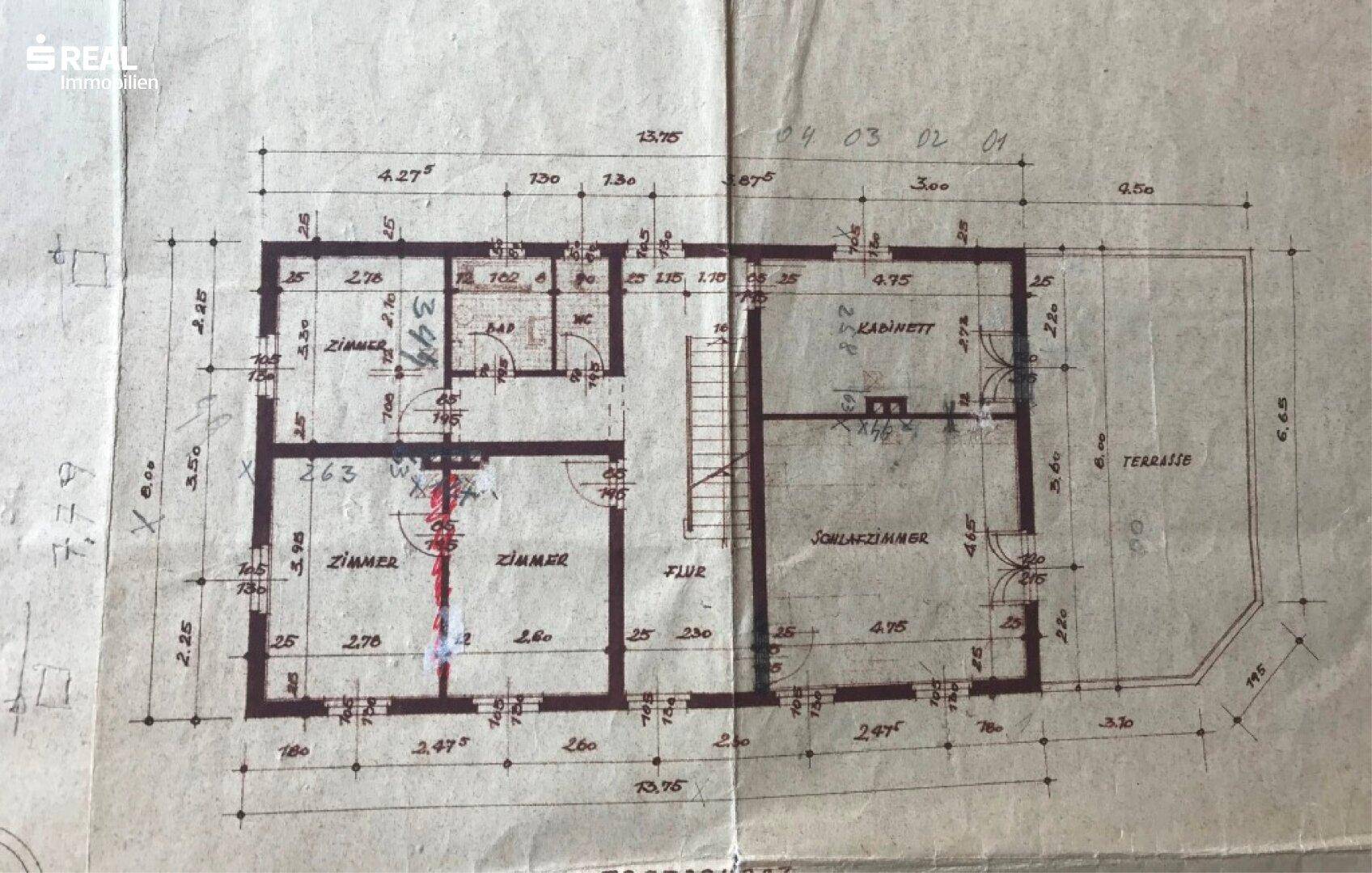 Historischer Grundriss des Obergeschosses mit Schlafzimmern und direktem Terrassenzugang.