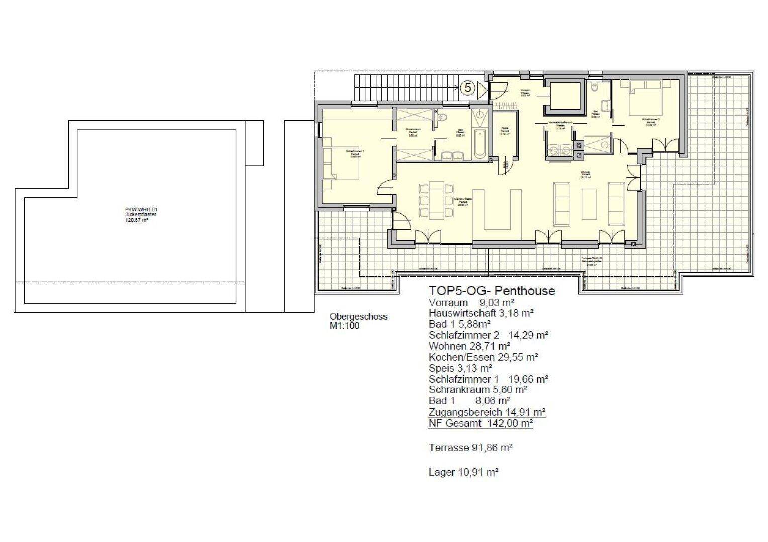 Grundriss eines Penthouse im Obergeschoss mit großer Terrasse und offenem Wohnbereich.