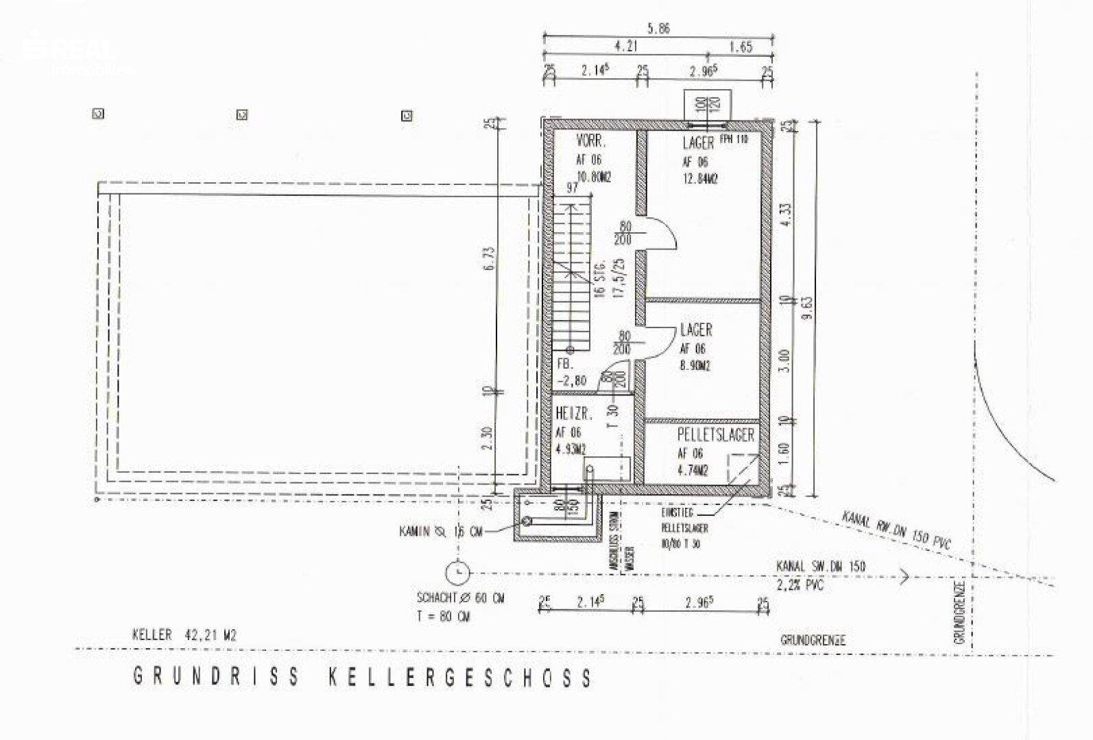 Grundriss des Kellergeschosses mit Lagerflächen, Heizraum und Pelletslager.