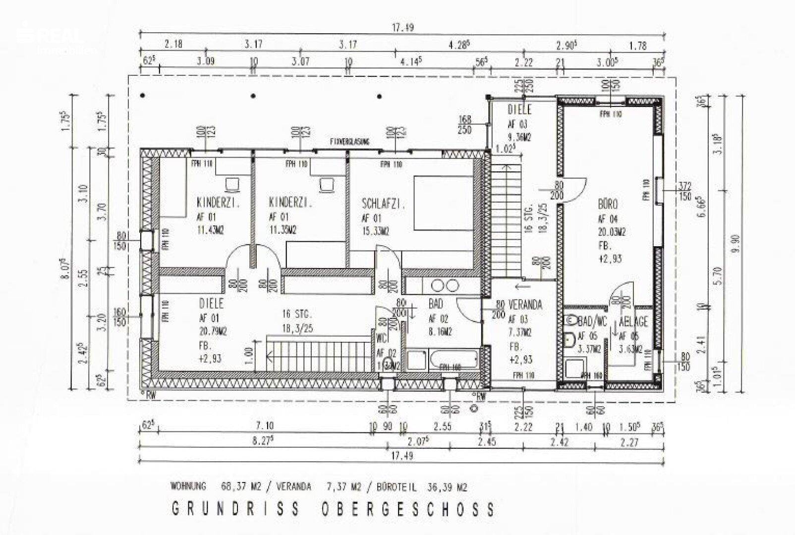 Grundriss des Obergeschosses mit Schlafzimmern, Bad und einem weiteren Kinderzimmer.