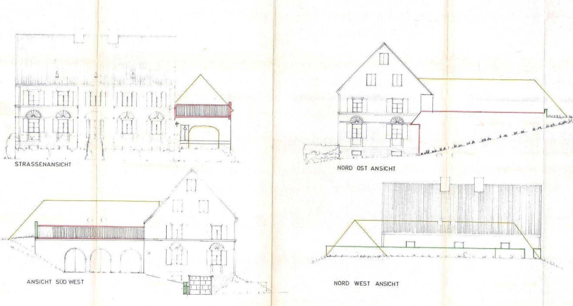Architektonische Ansichten des Gebäudes aus verschiedenen Perspektiven.
