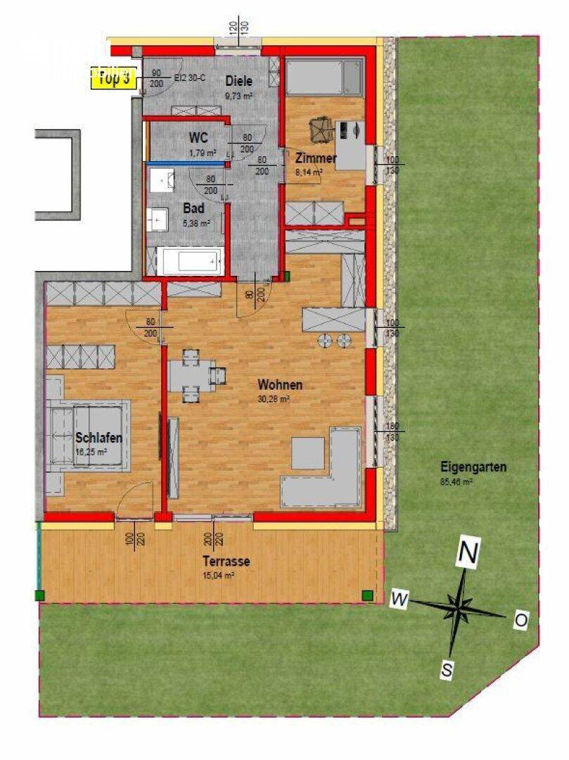 Detaillierter Grundriss einer Wohnung mit Terrasse und eigenem Gartenbereich.