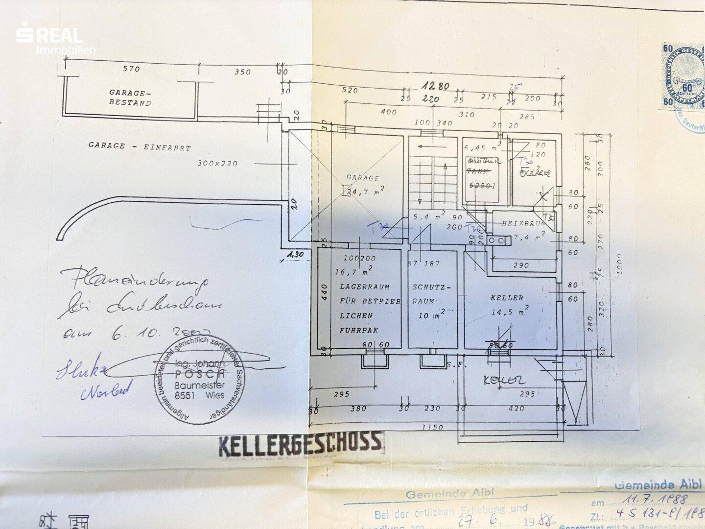Grundriss des Kellergeschosses mit Lagerraum, Schutzraum und Garage.