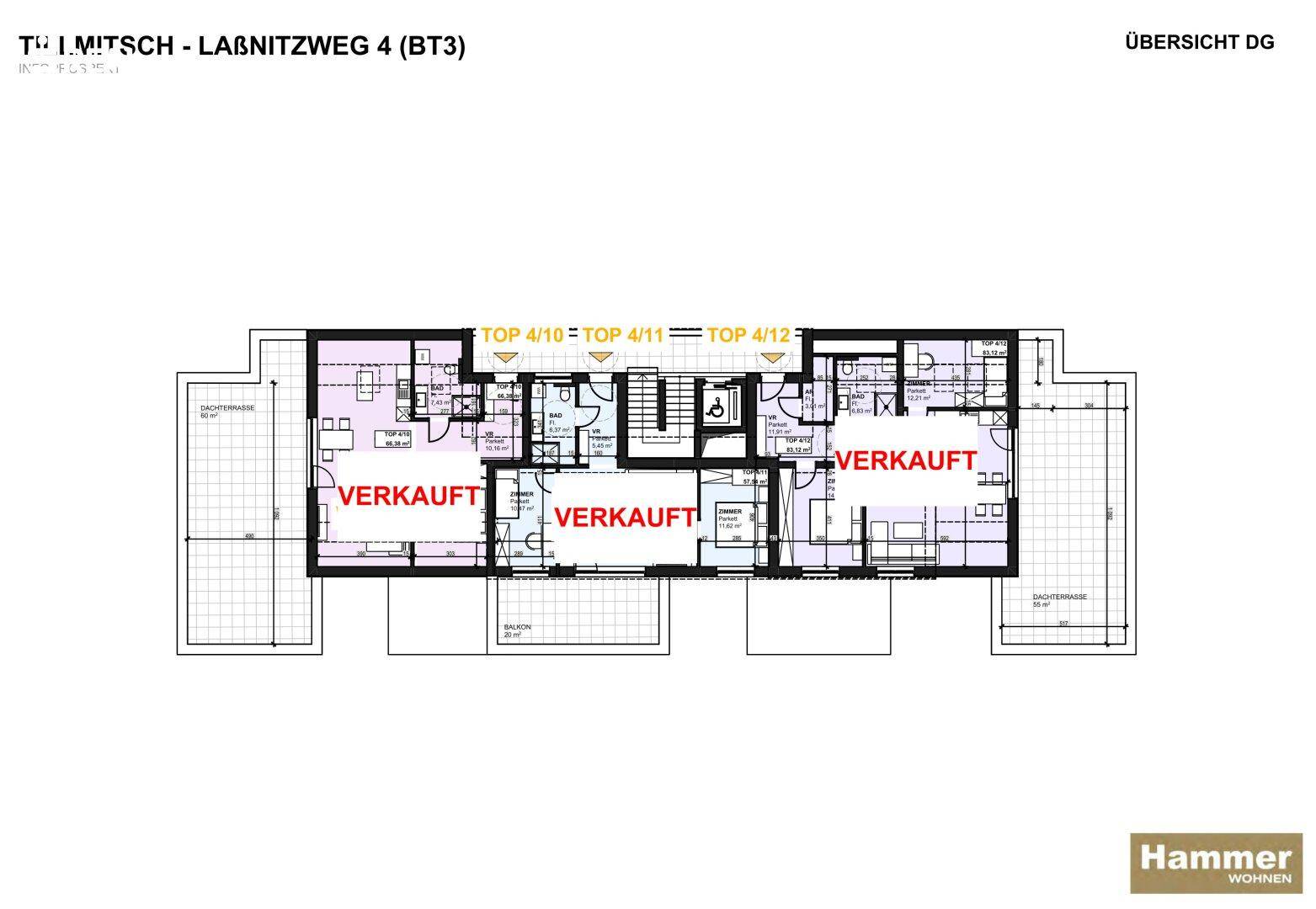 Grundriss des Dachgeschosses mit Wohneinheiten, Dachschrägen und Dachterrassen.