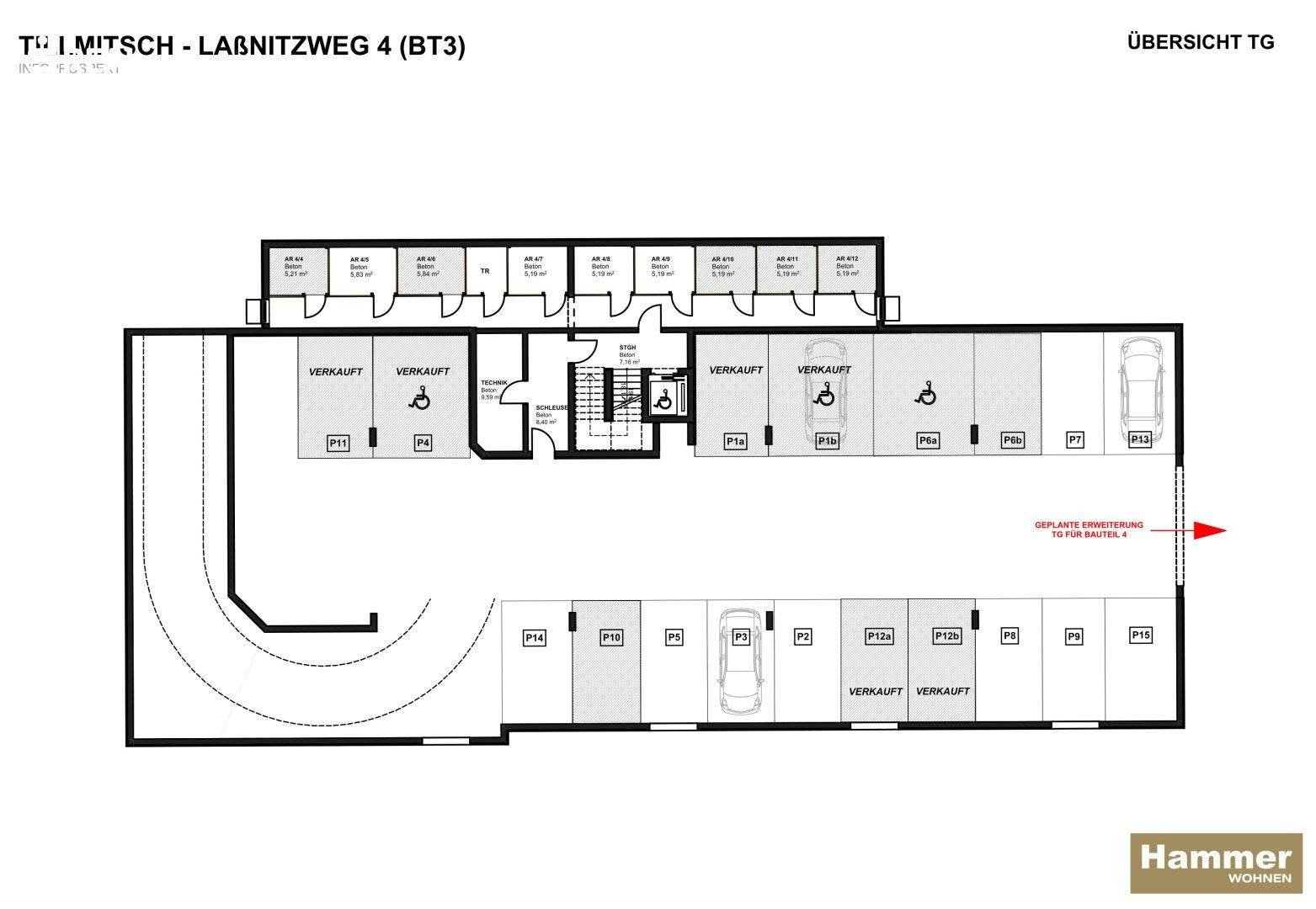 Grundriss des Tiefgaragengeschosses mit Parkplätzen, Abstellräumen und Ladestationen.