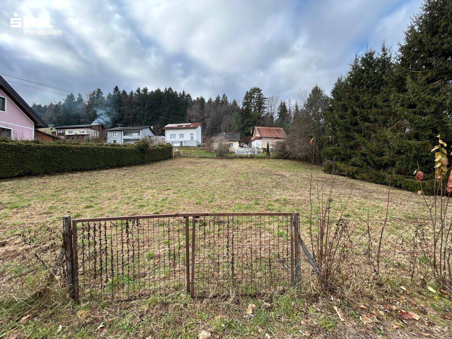 Großes Grundstück mit Grasfläche und altem Metallzaun im Vordergrund, umgeben von Natur und Häusern.