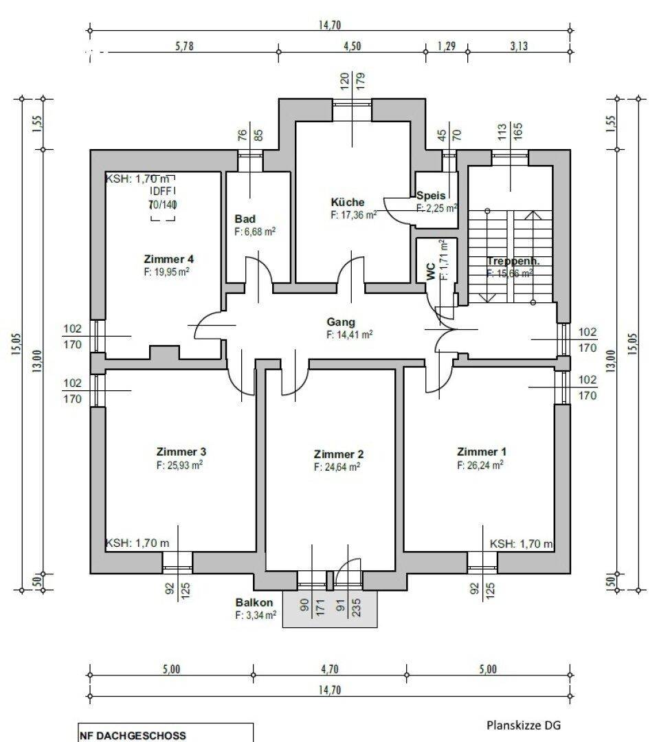 Grundriss des Dachgeschosses mit Balkon, Küche, Bad und vier Zimmern.