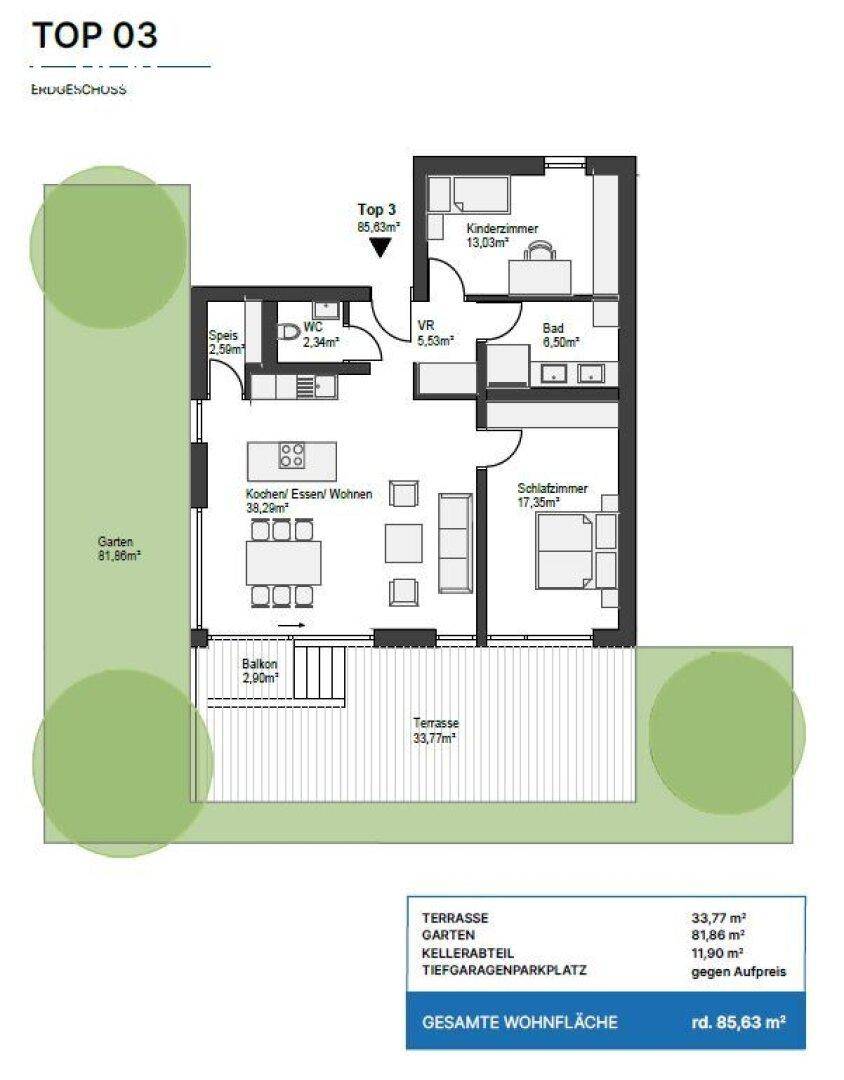 Grundriss "Top 03" zeigt eine Wohnung mit drei Zimmern, Balkon und großer Terrasse.