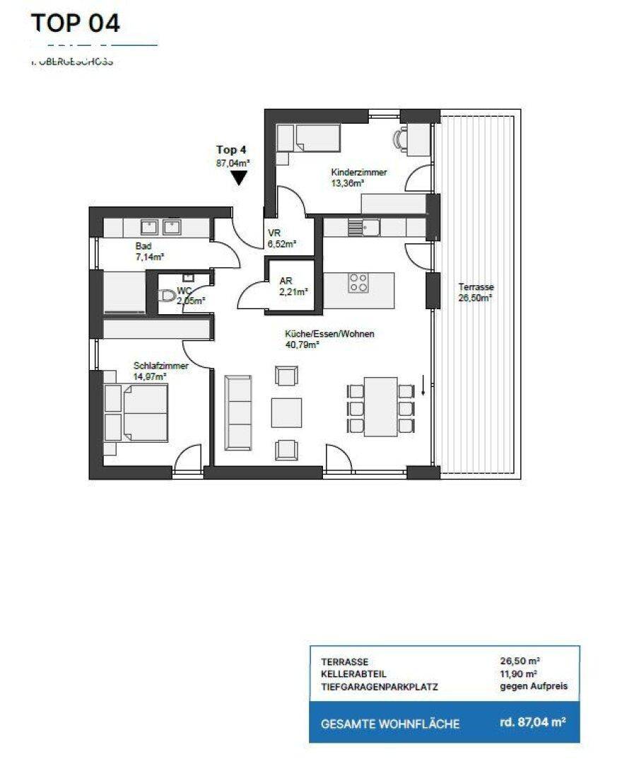 Detaillierter Grundriss der Wohnung Top 04 mit Wohn-, Ess- und Schlafbereichen.