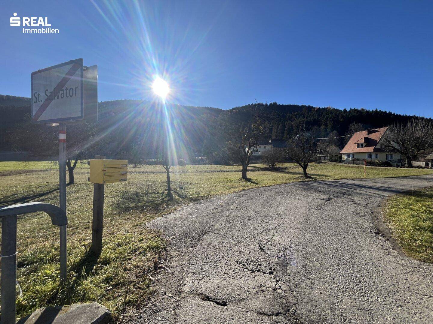 Ländliche Straße mit Ortsschild "St. Salvator" und sonnigem Blick auf grüne Felder und Berge.