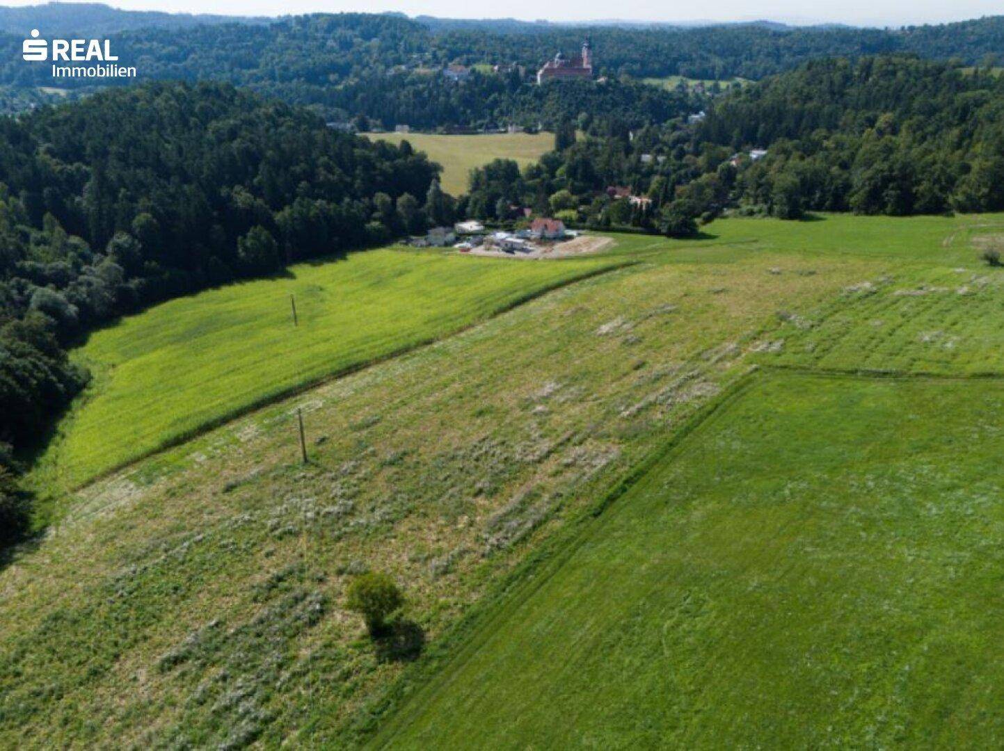 Weitläufige Luftaufnahme einer grünen Landschaft mit Feldern, Wäldern und einem historischen Gebäude in der Ferne.