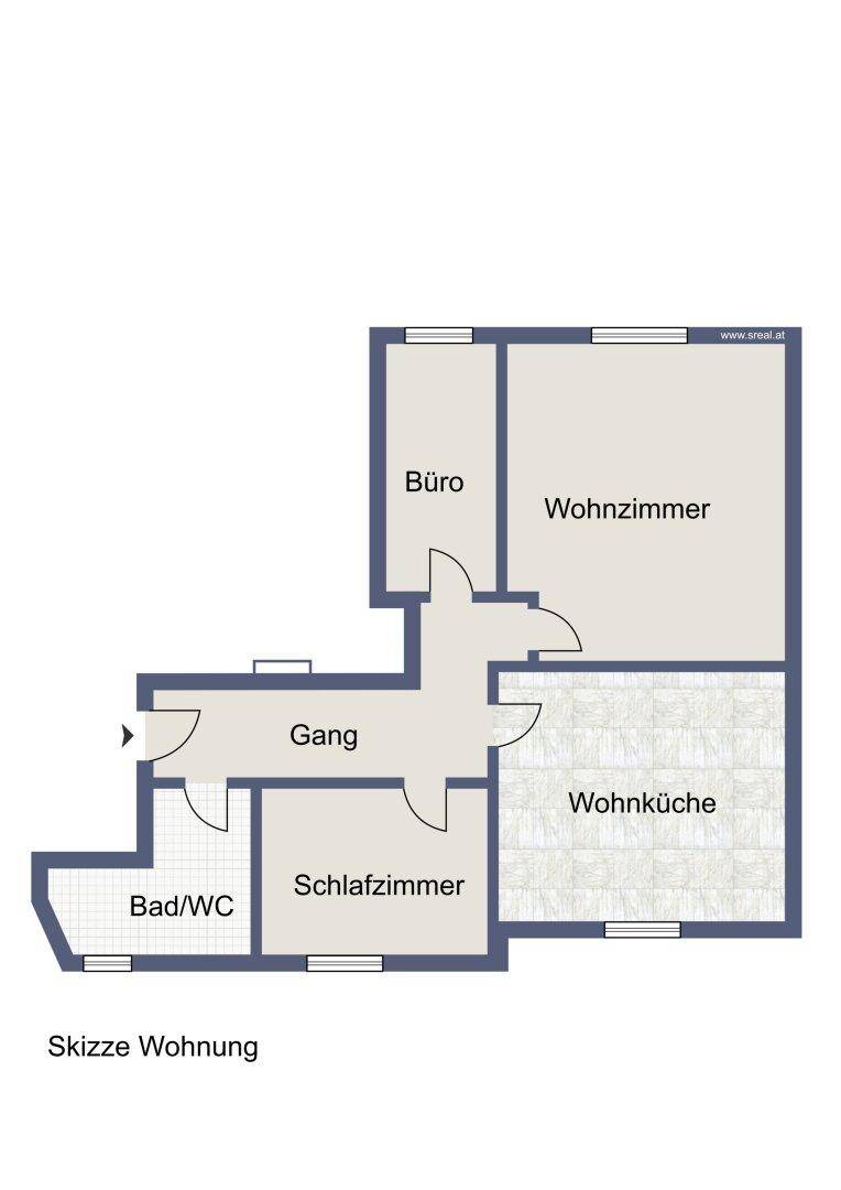 Grundriss der Wohnung mit Wohnküche, Wohnzimmer, Schlafzimmer und Büro.
