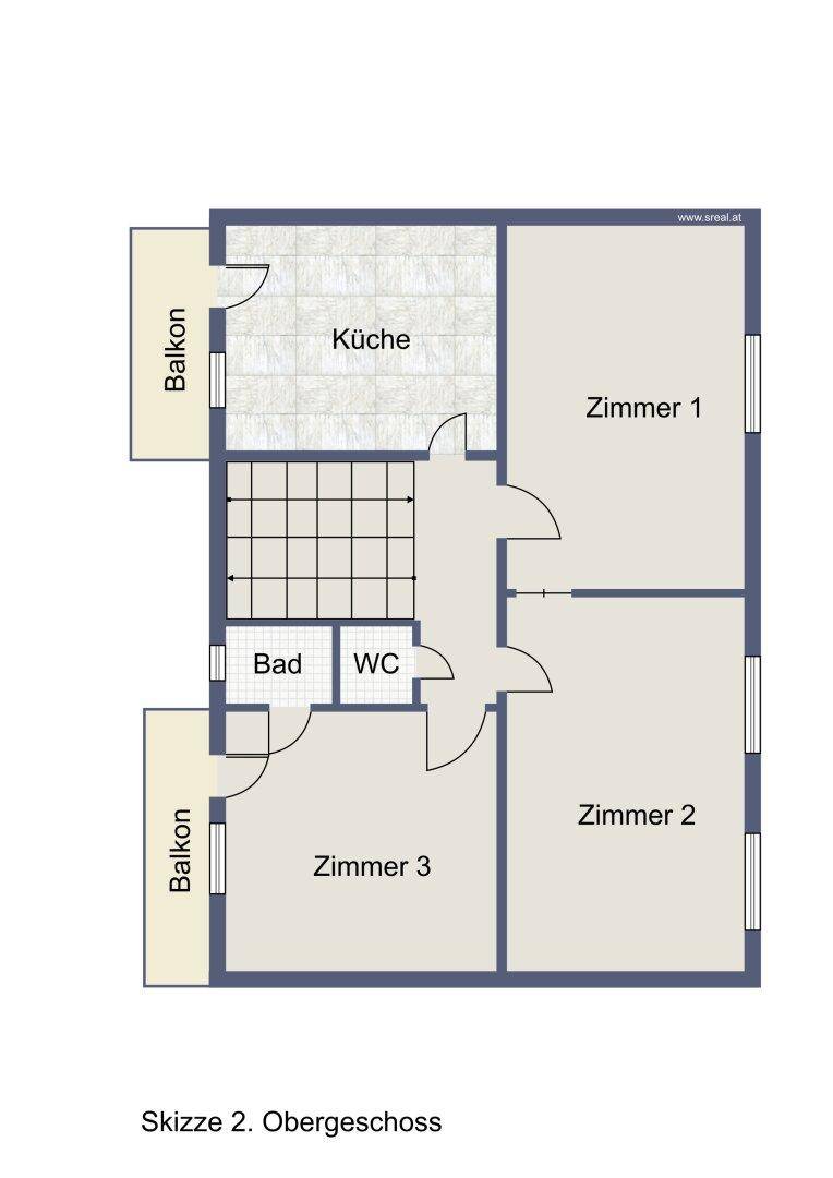 Grundriss des zweiten Obergeschosses mit drei Zimmern, Bad, WC und zwei Balkonen.