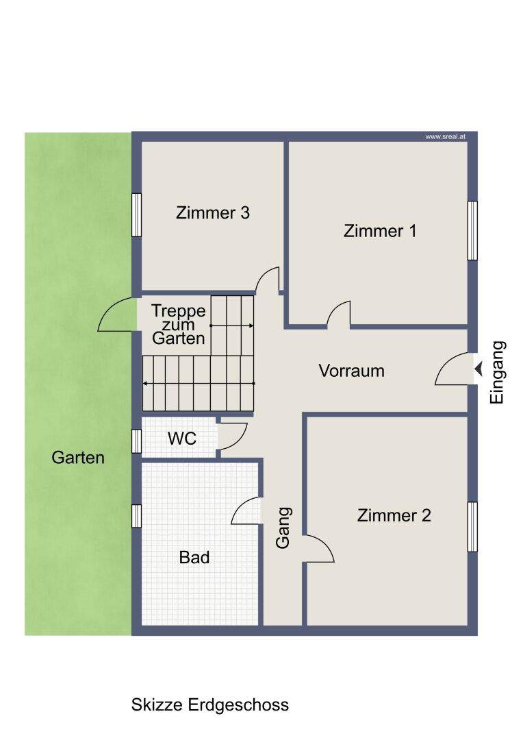 Grundriss des Erdgeschosses mit drei Zimmern, Bad, WC und Gartenzugang.