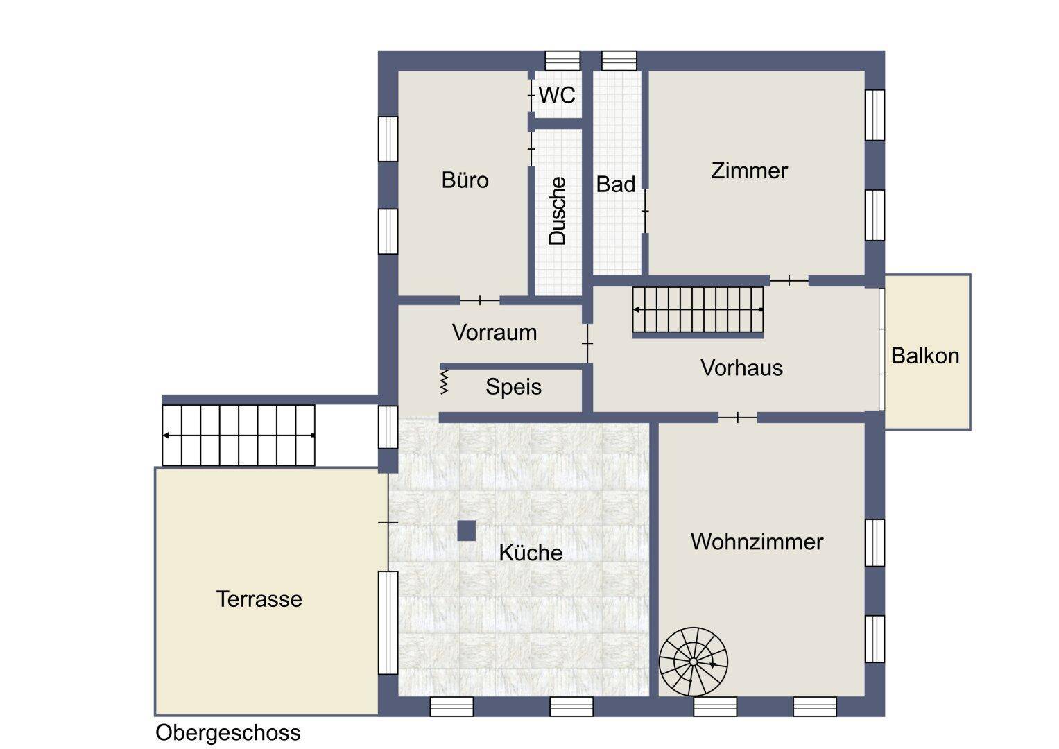 Grundriss des Obergeschosses mit Küche, Wohnzimmer, Büro, Bad und Balkon.