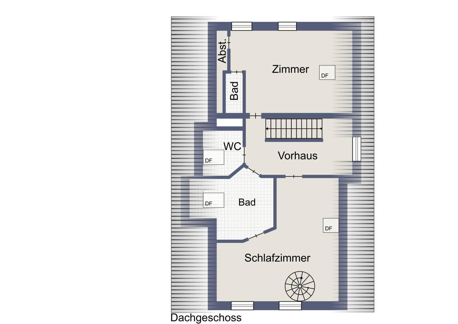 Grundriss des Dachgeschosses mit Schlafzimmern, Bädern und WC.
