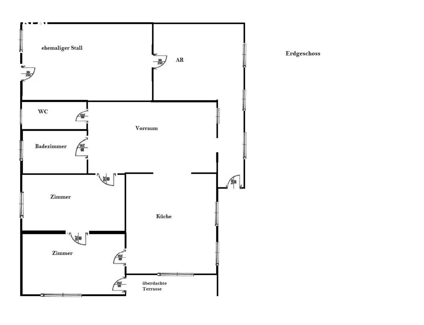 Grundriss des Erdgeschosses mit Küche, Badezimmer, separatem WC und überdachter Terrasse.
